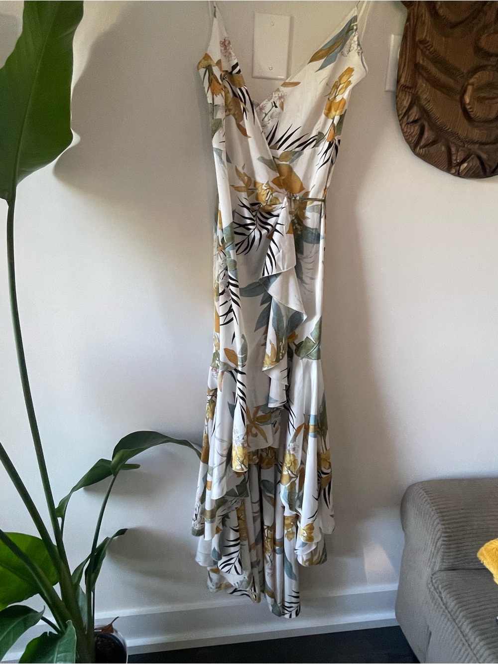 Hot Miami Styles White Floral High-Low Wrap Dress with Yellow Accents